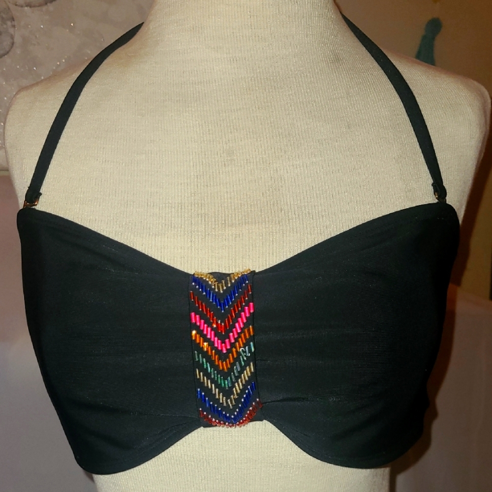 Black Halter Bikini Top with Colorful Beaded Detail Size L